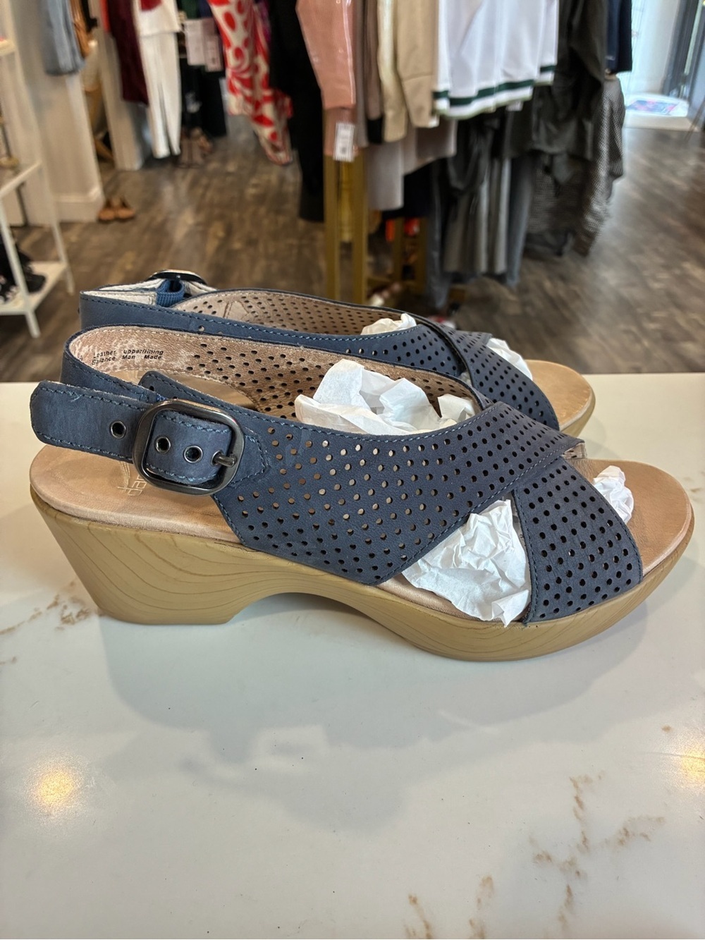 Dansko Navy Perforated Slingback Wedge Sandals